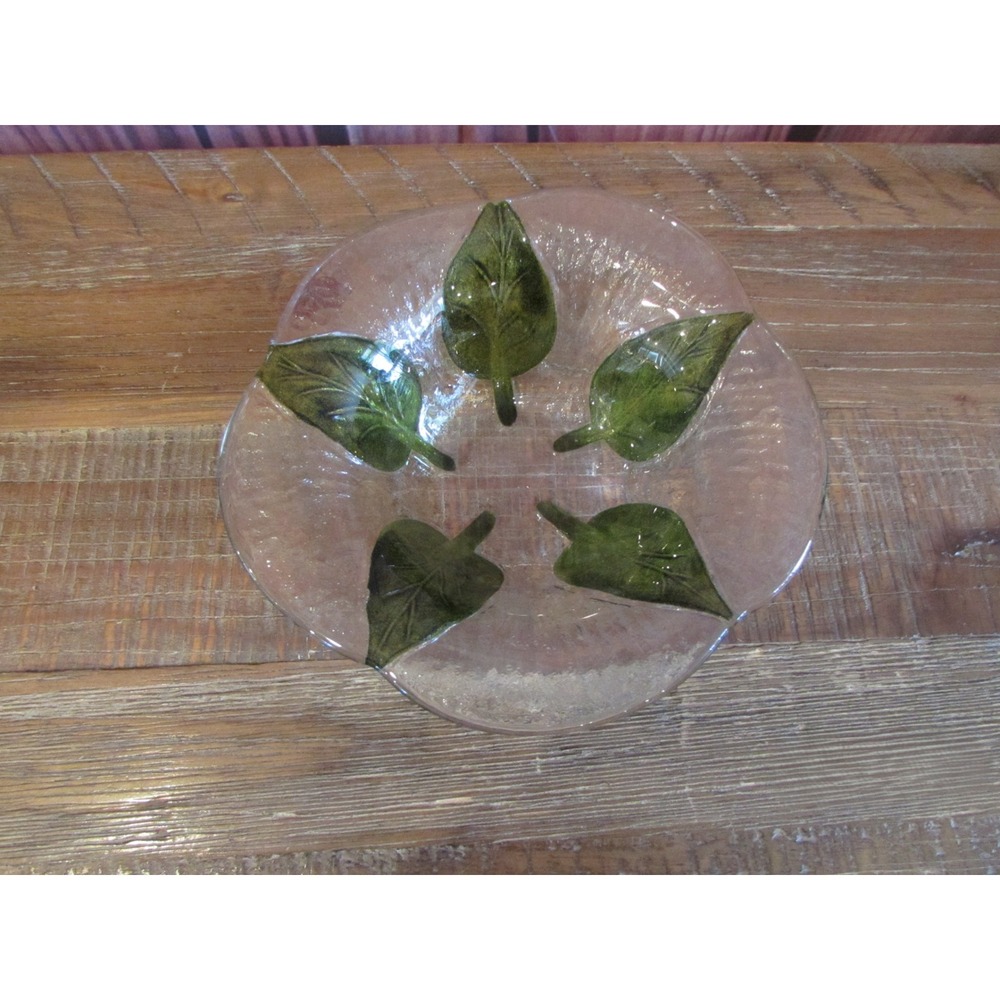 VTG 90s Fused Art Glass Green Leaf Bowl 6.5 Anne C Ross Studio Art Naturecore - Picture 2 of 5